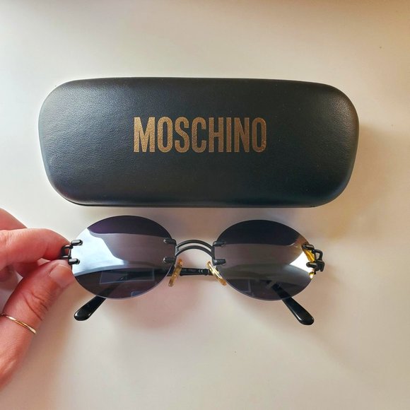 Moschino Vintage 90s Persol Small Oval Rimless Sunglasses Black Grey - Picture 2 of 16